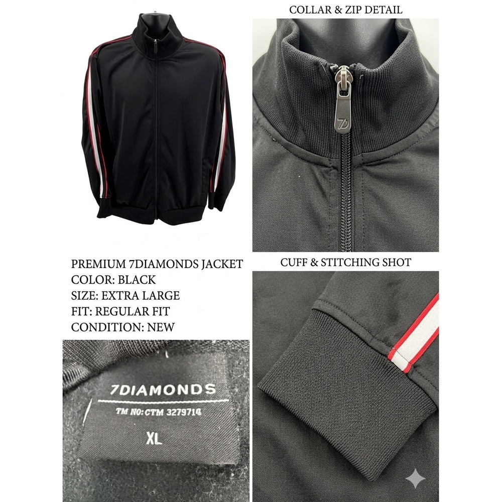 7Diamonds‎ Mens XL Track Jacket Black Full Zip Red White Stripe Trim Sporty